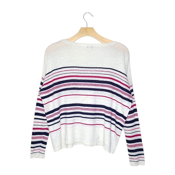 Joie White, Pink & Navy Striped Long Sleeve Linen Crew Neck Knit Sweater - Picture 2 of 8